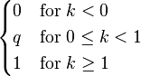 
    \begin{cases}
    0 & \text{for }k<0 \\ q & \text{for }0\leq k<1 \\ 1 & \text{for }k\geq 1
    \end{cases}
    