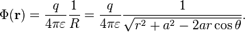 
\Phi(\mathbf{r}) = 
\frac{q}{4\pi\varepsilon} \frac{1}{R} =
\frac{q}{4\pi\varepsilon} \frac{1}{\sqrt{r^{2} + a^{2} - 2 a r \cos \theta}}. 
