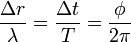  \frac{\Delta r}{\lambda} = \frac{\Delta t}{T} = \frac{\phi}{2\pi} \,\!