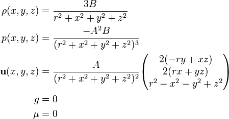 \begin{align}
        \rho(x, y, z) &= \frac{3B}{r^2 + x^2 + y^2 + z^2} \\
           p(x, y, z) &= \frac{-A^2B}{(r^2 + x^2 + y^2 + z^2)^3} \\
  \mathbf{u}(x, y, z) &= \frac{A}{(r^2 + x^2 + y^2 + z^2)^2}\begin{pmatrix} 2(-ry + xz) \\ 2(rx + yz) \\ r^2 - x^2 - y^2 + z^2 \end{pmatrix} \\
                    g &= 0 \\
                  \mu &= 0
\end{align}