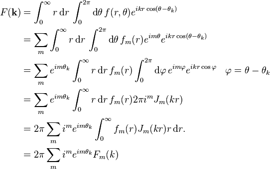 \begin{align}
F(\mathbf k)
&= \int_0^\infty r\operatorname{d}\!r\,\int_0^{2\pi}\operatorname{d}\!\theta\, f(r,\theta)e^{i kr\cos(\theta-\theta_k)} \\
&= \sum_m \int_0^\infty r\operatorname{d}\!r\, \int_0^{2\pi}\operatorname{d}\!\theta\,f_m(r) e^{im\theta}e^{i kr\cos(\theta-\theta_k)} \\
&= \sum_m e^{im\theta_k}\int_0^\infty r\operatorname{d}\!r\, f_m(r)\int_0^{2\pi}\operatorname{d}\!\varphi\,e^{im\varphi} e^{i kr\cos\varphi} && \varphi=\theta-\theta_k \\
&= \sum_m e^{im\theta_k}\int_0^\infty r\operatorname{d}\!r\, f_m(r) 2\pi i^m J_m(kr) \\
&= 2\pi \sum_m i^m e^{im\theta_k}\int_0^\infty f_m(r) J_m(kr) r\operatorname{d}\!r. \\
&= 2\pi \sum_m i^m e^{im\theta_k} F_m(k)
\end{align}