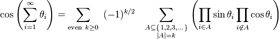  \cos\left(\sum_{i=1}^\infty \theta_i\right)
=\sum_{\text{even}\  k \ge 0} ~ (-1)^{k/2} ~~
\sum_{\begin{smallmatrix} A \subseteq \{\,1,2,3,\dots\,\} \\ \left|A\right| = k\end{smallmatrix}}
\left(\prod_{i \in A} \sin\theta_i \prod_{i \not \in A} \cos\theta_i\right) 