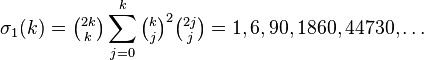 \sigma_1(k)=\tbinom{2k}{k}\sum_{j=0}^k \tbinom{k}{j}^2\tbinom{2j}{j} =1, 6, 90, 1860, 44730,\dots