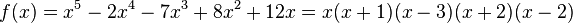 f(x) = x^5 - 2x^4-7x^3 + 8x^2 + 12x = x (x + 1) (x - 3) (x + 2) (x - 2)