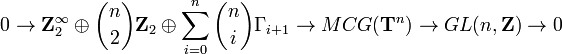 0\to \mathbf Z_2^\infty\oplus\binom n2\mathbf Z_2\oplus\sum_{i=0}^n\binom n i\Gamma_{i+1}\to MCG(\mathbf{T}^n)\to GL(n,\mathbf Z)\to 0