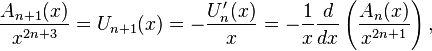 \frac{A_{n+1}(x)}{x^{2n+3}}=U_{n+1}(x)=-\frac{U_n'(x)}x=-\frac1x\frac d{dx}\left(\frac{A_n(x)}{x^{2n+1}}\right),