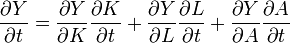 \frac{ \partial Y}{ \partial t} = \frac{ \partial Y}{ \partial K} \frac{ \partial K}{ \partial t} + \frac{ \partial Y}{ \partial L} \frac{ \partial L}{ \partial t} + \frac{ \partial Y}{ \partial A} \frac{ \partial A}{ \partial t} 