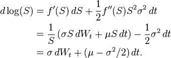 
\begin{alignat}{2}
d\log(S) & = f^\prime(S)\,dS + \frac{1}{2}f^{\prime\prime} (S)S^2\sigma^2 \, dt \\
& = \frac{1}{S} \left( \sigma S\,dW_t + \mu S\,dt\right) - \frac{1}{2}\sigma^2\,dt \\
&= \sigma\,dW_t +(\mu-\sigma^2/2)\,dt.
\end{alignat}
