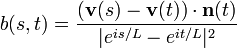 \displaystyle{b(s,t)=  {(\mathbf{v}(s)-\mathbf{v}(t))\cdot\mathbf{n}(t)\over |e^{is/L} -e^{it/L}|^2}}