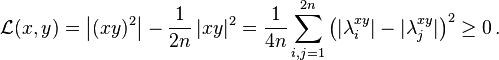 {\mathcal{L}}(x,y) = \big| (xy)^2 \big| - \frac{1}{2n} {\,}|xy|^2
= \frac{1}{4n} \sum_{i,j=1}^{2n} \big( |\lambda^{xy}_i| - |\lambda^{xy}_j| \big)^2 \geq 0 {\,}.