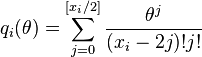 q_i(\theta) = \sum_{j=0}^{[x_i/2]} \frac{\theta^j}{(x_i-2j)!j!}