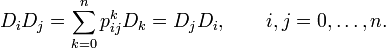 D_i D_j = \sum_{k=0}^n p^k_{ij} D_k = D_j D_i,\qquad i,j=0,\ldots,n.