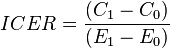 ICER=\frac{(C_{1}-C_{0})}{(E_{1}-E_{0})}