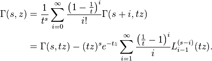 
\begin{align}
\Gamma(s,z) &= \frac 1 {t^s} \sum_{i=0}^{\infty} \frac{\left(1-\frac 1 t \right)^i}{i!} \Gamma(s+i,t z)
\\
  &= \Gamma(s,t z) -(t z)^s e^{-t z} \sum_{i=1}^{\infty} \frac{\left(\frac 1 t-1 \right)^i}{i} L_{i-1}^{(s-i)}(t z).
\end{align}
