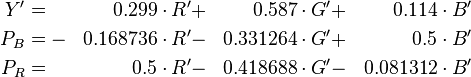 \begin{align}
  Y'  &=  & 0.299    \cdot R' &+& 0.587    \cdot G' &+& 0.114    \cdot B'\\
  P_B &= -& 0.168736 \cdot R' &-& 0.331264 \cdot G' &+& 0.5      \cdot B'\\
  P_R &=  & 0.5      \cdot R' &-& 0.418688 \cdot G' &-& 0.081312 \cdot B'
\end{align}