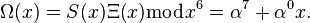 \Omega(x)=S(x)\Xi(x)\bmod x^6=\alpha^{7}+\alpha^{0}x.