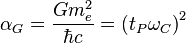 \alpha_G=\frac{G m_e^2}{\hbar c}=\left( t_P \omega_C \right)^2 