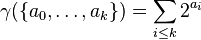 \gamma(\{a_0, \ldots, a_k\}) = \sum_{i \leq k} 2^{a_i}