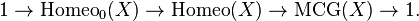 1 \rightarrow {\rm Homeo}_0(X) \rightarrow {\rm Homeo}(X) \rightarrow {\rm MCG}(X) \rightarrow 1.