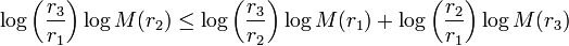 \log\left(\frac{r_3}{r_1}\right)\log M(r_2)\leq 
\log\left(\frac{r_3}{r_2}\right)\log M(r_1)
+\log\left(\frac{r_2}{r_1}\right)\log M(r_3)