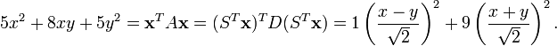 5x^2+8xy+5y^2=\mathbf{x}^TA\mathbf{x}= (S^T\mathbf{x})^TD(S^T\mathbf{x})=1\left(\frac{x-y}{\sqrt{2}}\right)^2+9\left(\frac{x+y}{\sqrt{2}}\right)^2.