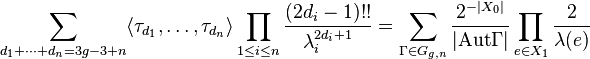 \sum_{d_1+\cdots+d_n=3g-3+n}\langle \tau_{d_1},\ldots,\tau_{d_n}\rangle  \prod_{1\le i\le n} \frac{(2d_i-1)!!}{\lambda_i^{2d_i+1}}
=\sum_{\Gamma\in G_{g,n}}\frac{2^{-|X_0|}}{|\text{Aut} \Gamma|}\prod_{e\in X_1}\frac{2}{\lambda(e)}
