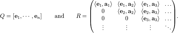 Q = \left[ \mathbf{e}_1, \cdots, \mathbf{e}_n\right] \qquad \text{and} \qquad
R = \begin{pmatrix}
\langle\mathbf{e}_1,\mathbf{a}_1\rangle & \langle\mathbf{e}_1,\mathbf{a}_2\rangle &  \langle\mathbf{e}_1,\mathbf{a}_3\rangle  & \ldots \\
0                & \langle\mathbf{e}_2,\mathbf{a}_2\rangle                        &  \langle\mathbf{e}_2,\mathbf{a}_3\rangle  & \ldots \\
0                & 0                                       & \langle\mathbf{e}_3,\mathbf{a}_3\rangle                          & \ldots \\
\vdots           & \vdots                                  & \vdots                                    & \ddots \end{pmatrix}.