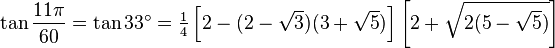 \tan\frac{11\pi}{60}=\tan 33^\circ=\tfrac{1}{4}\left[2-(2-\sqrt3)(3+\sqrt5)\right]\left[2+\sqrt{2(5-\sqrt5)}\right]\,