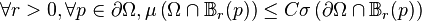 \forall r > 0, \forall p \in \partial \Omega, \mu \left( \Omega \cap \mathbb{B}_{r} (p) \right) \leq C \sigma \left( \partial \Omega \cap \mathbb{B}_{r} (p) \right)