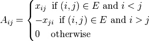 A_{ij} = \begin{cases} x_{ij}\;\;\mbox{if}\;(i,j) \in E \mbox{ and } i<j\\
-x_{ji}\;\;\mbox{if}\;(i,j) \in E \mbox{ and } i>j\\
0\;\;\;\;\mbox{otherwise} \end{cases}