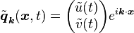  \tilde{\boldsymbol{q}}_{\boldsymbol{k}}(\boldsymbol{x},t) = \begin{pmatrix} \tilde{u}(t)\\\tilde{v}(t) \end{pmatrix} e^{i \boldsymbol{k} \cdot \boldsymbol{x}} 