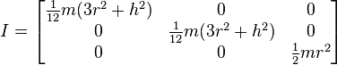 
I =
\begin{bmatrix}
  \frac{1}{12} m (3r^2+h^2) & 0 & 0 \\
  0 & \frac{1}{12} m (3r^2+h^2) & 0 \\
  0 & 0 & \frac{1}{2} m r^2\end{bmatrix}
