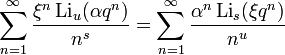 \sum_{n=1}^{\infty} \frac{\xi^n  \,\mathrm{Li}_u (\alpha q^n)}{n^s} = \sum_{n=1}^{\infty} \frac{\alpha^n  \,\mathrm{Li}_s(\xi q^n)}{n^u}