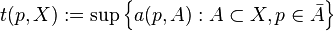 t(p, X) := \sup \left \{ a (p, A) : A \subset X, p \in \bar{A} \right \}