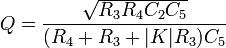 Q = \frac{ \sqrt{R_3 R_4 C_2 C_5} }{ ( R_4 + R_3 + |K| R_3 ) C_5 } 