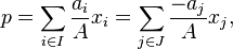 p= \sum_{i\in I}\frac{a_i}{A} x_i=\sum_{j\in J}\frac{-a_j}{A}x_j,