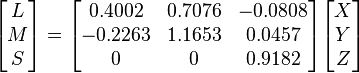 
\begin{bmatrix}
L\\M\\S
\end{bmatrix}
=
\begin{bmatrix}
0.4002 & 0.7076 & -0.0808 \\ -0.2263 & 1.1653 & 0.0457 \\ 0 & 0 & 0.9182
\end{bmatrix}
\begin{bmatrix}
X\\Y\\Z
\end{bmatrix}
