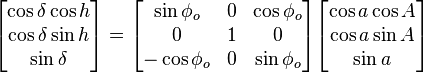  \begin{bmatrix}
 \cos\delta\cos h\\
 \cos\delta\sin h\\
 \sin\delta
\end{bmatrix}= \begin{bmatrix}
 \sin\phi_o & 0 & \cos\phi_o \\
 0 & 1 & 0\\
 -\cos\phi_o & 0 & \sin\phi_o
\end{bmatrix}\begin{bmatrix}
 \cos a \cos A\\
 \cos a \sin A\\
 \sin a
\end{bmatrix}