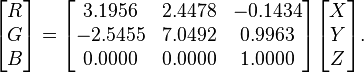 \begin{bmatrix} R \\ G \\ B \end{bmatrix} = \begin{bmatrix} 3.1956 & 2.4478 & -0.1434 \\ -2.5455 & 7.0492 & 0.9963 \\ 0.0000 & 0.0000 & 1.0000 \end{bmatrix} \begin{bmatrix} X \\ Y \\ Z \end{bmatrix}.