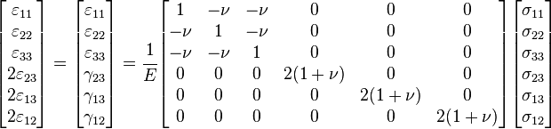 
   \begin{bmatrix}\varepsilon_{11} \\ \varepsilon_{22} \\ \varepsilon_{33} \\ 2\varepsilon_{23} \\ 2\varepsilon_{13} \\ 2\varepsilon_{12} \end{bmatrix} = 
   \begin{bmatrix}\varepsilon_{11} \\ \varepsilon_{22} \\ \varepsilon_{33} \\ \gamma_{23} \\ \gamma_{13} \\ \gamma_{12} \end{bmatrix} = 
   \cfrac{1}{E}
   \begin{bmatrix} 1 & -\nu & -\nu & 0 & 0 & 0 \\
                   -\nu & 1 & -\nu & 0 & 0 & 0 \\
                   -\nu & -\nu & 1 & 0 & 0 & 0 \\
                   0 & 0 & 0 & 2(1+\nu) & 0 & 0 \\
                   0 & 0 & 0 & 0 & 2(1+\nu) & 0 \\
                   0 & 0 & 0 & 0 & 0 & 2(1+\nu) \end{bmatrix}
    \begin{bmatrix}\sigma_{11} \\ \sigma_{22} \\ \sigma_{33} \\ \sigma_{23} \\ \sigma_{13} \\ \sigma_{12} \end{bmatrix}
 