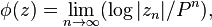 \phi(z) = \lim_{n \to \infty} (\log|z_n|/P^{n}),\,