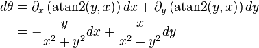 \begin{align}
d\theta
&= \partial_x\left(\operatorname{atan2}(y,x)\right) dx + \partial_y\left(\operatorname{atan2}(y,x)\right) dy \\
&= -\frac{y}{x^2 + y^2} dx + \frac{x}{x^2 + y^2} dy
\end{align}