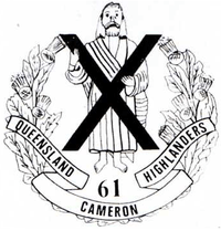 A coat of arms consisting of a large X superimposed over a person, surrounded by a laurel wreath. Below this, the number "61" is presented above the words "Queensland Cameron Highlanders"