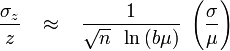 
\frac{{\sigma _z }}{z}\,\,\,\,\, \approx \,\,\,\,\,\frac{1}{{\sqrt n \,\,\,\ln \,(b\mu )}}\,\,\left( {\frac{\sigma }{\mu }} \right)