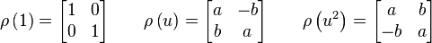 
\rho \left( 1 \right) =
\begin{bmatrix}
1 & 0 \\
0 & 1 \\
\end{bmatrix}
\qquad
\rho \left( u \right) =
\begin{bmatrix}
a & -b \\
b & a \\
\end{bmatrix}
\qquad
\rho \left( u^2 \right) =
\begin{bmatrix}
a & b \\
-b & a \\
\end{bmatrix}
