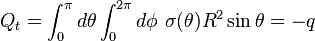 
Q_t=\int_0^\pi d\theta \int_0^{2\pi} d\phi\,\,\sigma(\theta) R^2\sin\theta = -q
