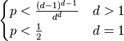 \begin{cases} p < \frac{(d-1)^{d-1}}{d^d} & d > 1\\ p < \tfrac{1}{2} & d = 1 \end{cases}