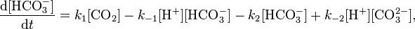 \frac{\textrm{d}[\textrm{HCO}_3^-]}{\textrm{d}t}= k_1[\textrm{CO}_2] - k_{-1}[\textrm{H}^+][\textrm{HCO}_3^-] - k_2[\textrm{HCO}_3^-] + k_{-2}[\textrm{H}^+][\textrm{CO}_3^{2-}], 