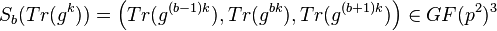 S_b(Tr(g^k))=\left(Tr(g^{(b-1)k}),Tr(g^{bk}),Tr(g^{(b+1)k})\right)\in GF(p^2)^3