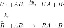 \begin{array}{lcl}
 U\cdot + AB & \xrightarrow{k_R} & UA + B\cdot \\
 \bigg\downarrow{k_r} \\
 R\cdot + AB & \xrightarrow{} & RA + B\cdot
\end{array}